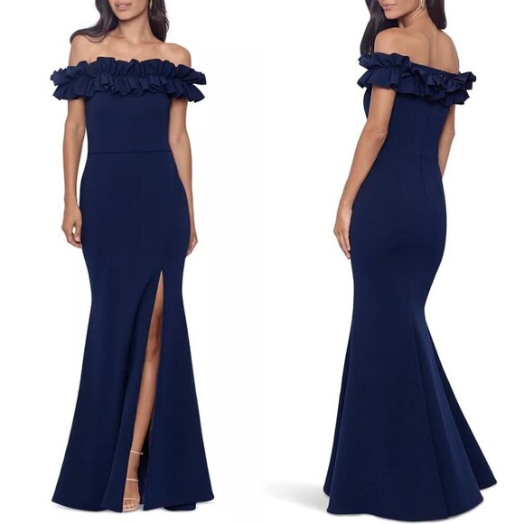 NWT XSCAPE Scuba Crepe Ruffled Off Shoulder Gown in Navy Sz. 6